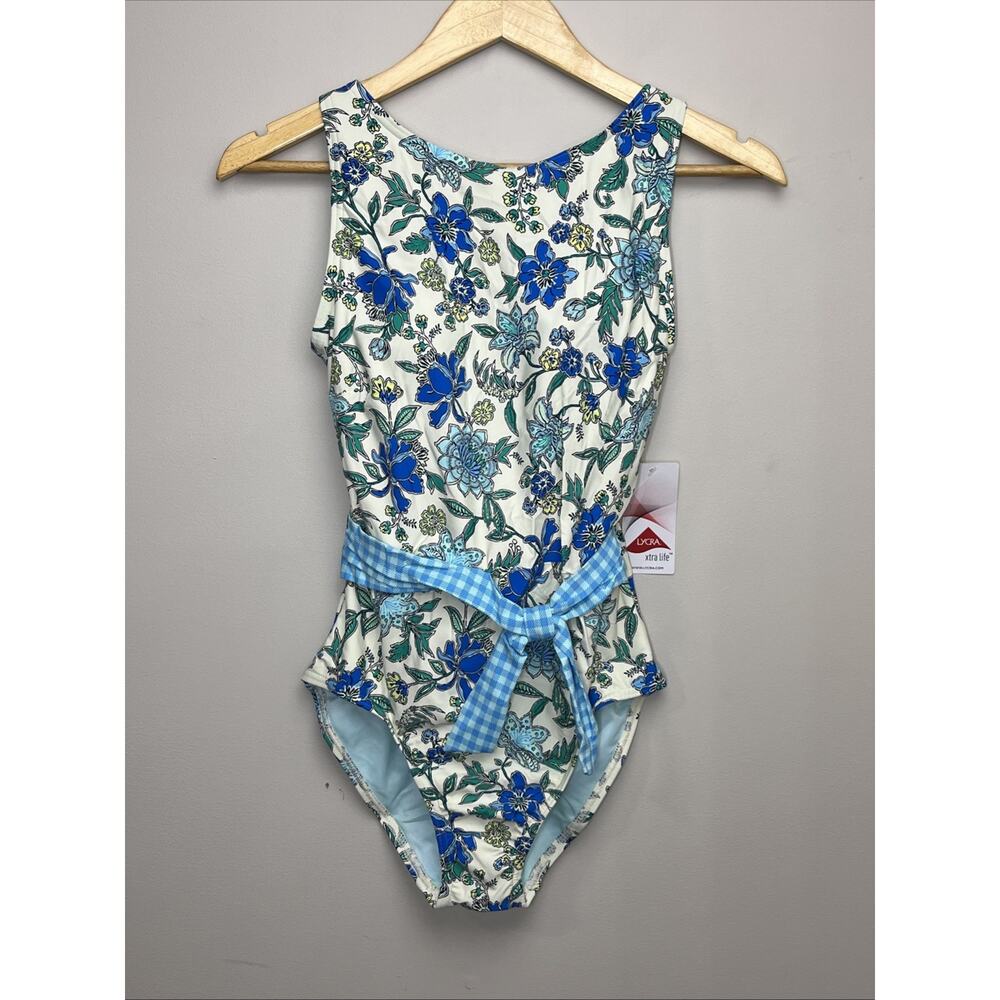 Lands End Tie Front One Piece Swimsuit 4 Blue Lotus Floral Gingham